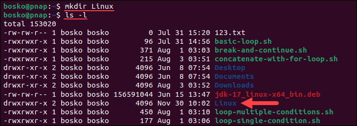 Creating a new directory in Linux using mkdir.