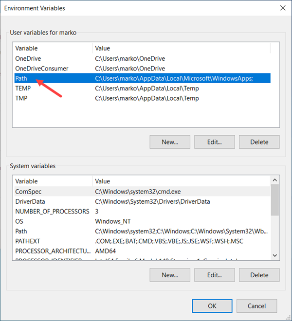 The location of the PATH variable in the Environment Variables window.