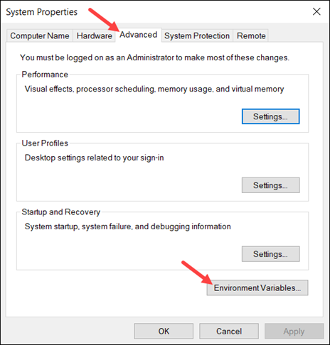 The location of the Environment Variables button in the Advanced tab of System Properties.