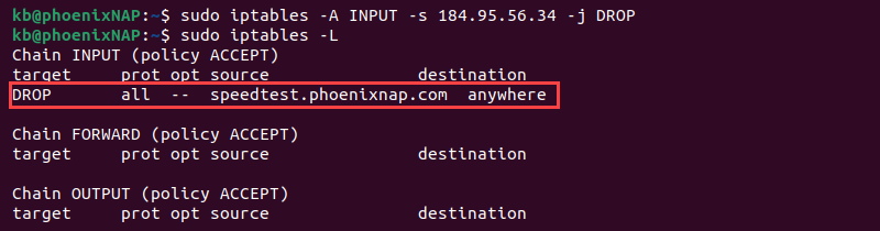 iptables ip address drop traffic terminal output