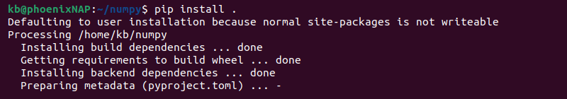 pip install . numpy terminal output