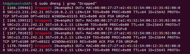 sudo dmesg grep dropped terminal output