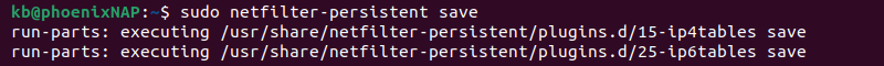 sudo netfilter-persistent save terminal output