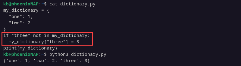Python dictionary add item check if exists output
