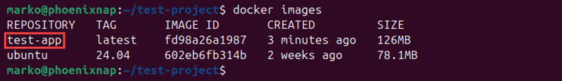 Output from the docker images command shows the example image.