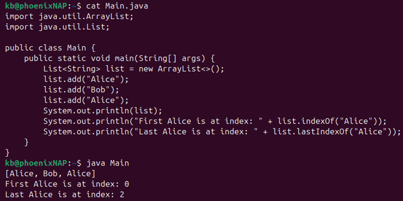 Java list indexOf and lastIndexOf output