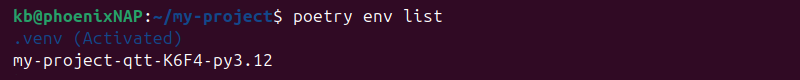 Listing existing Poetry environments.