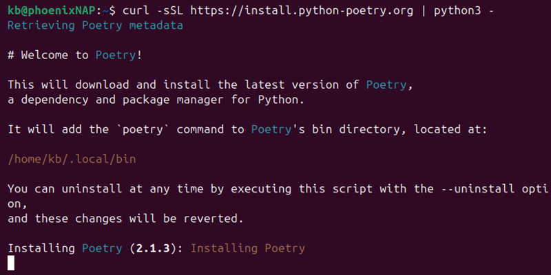 Python Poetry installation script terminal output.