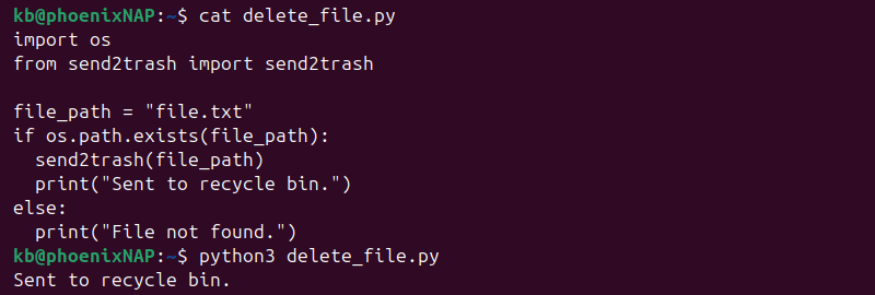 Python send2trash delete file recycle bin output