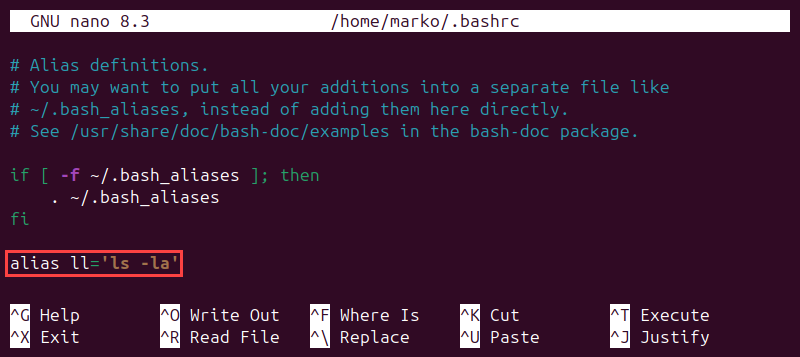 Adding an alias to to the bashrc file.