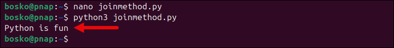 Using the Python join method to concatenate strings.