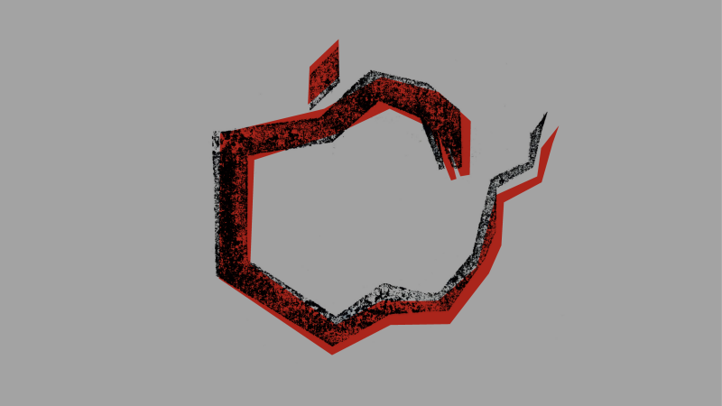 Abstract image of an apple shape outlined by a jagged, snake-like red and black form on a gray background Abstract image of an apple shape outlined by a jagged, snake-like red and black form on a gray background