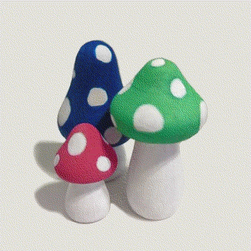 red, green, and blue mushrooms