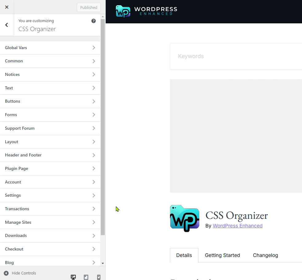 Customizer CSS Organizer sections