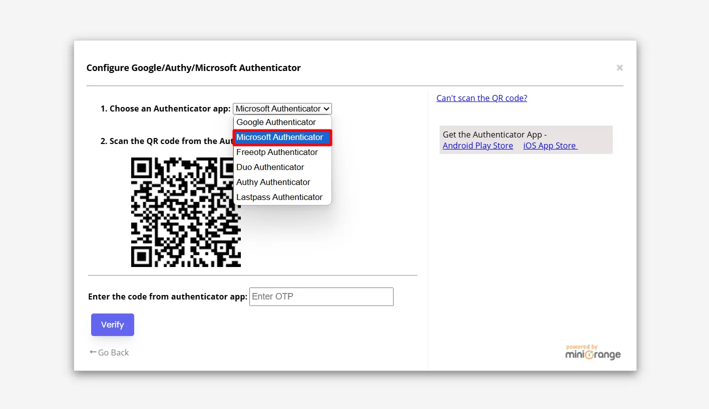 Configuración del autenticador de Microsoft: seleccione la aplicación Microsoft Authenticator