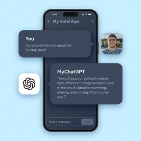 Illustration of a chat interface in a mobile app, showing a user interacting with a ChatGPT assistant that provides contextual answers.