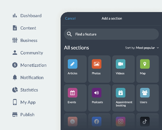 GoodBarber dashboard menu showing sections added to an application