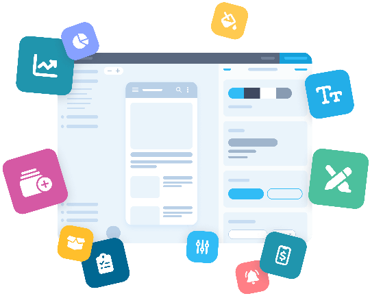 Illustration of the GoodBarber dashboard showing the versatility of the tool from design to monetization.