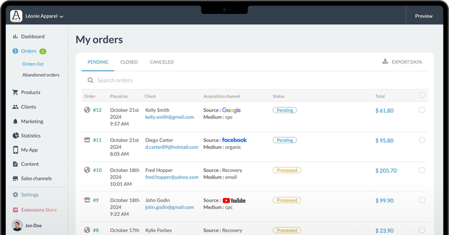 Écran backoffice affichant les commandes avec statut et infos client