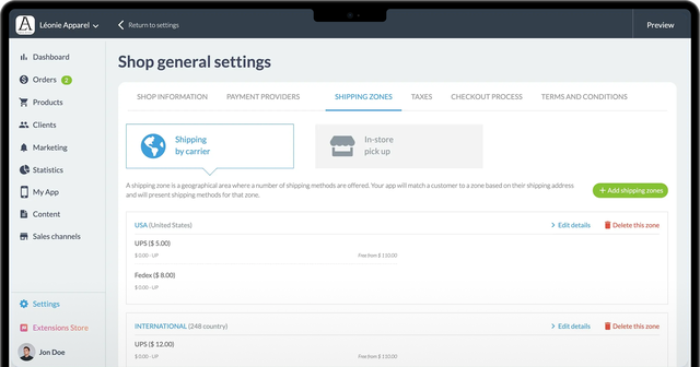 Écran backoffice affichant la configuration des zones de livraison