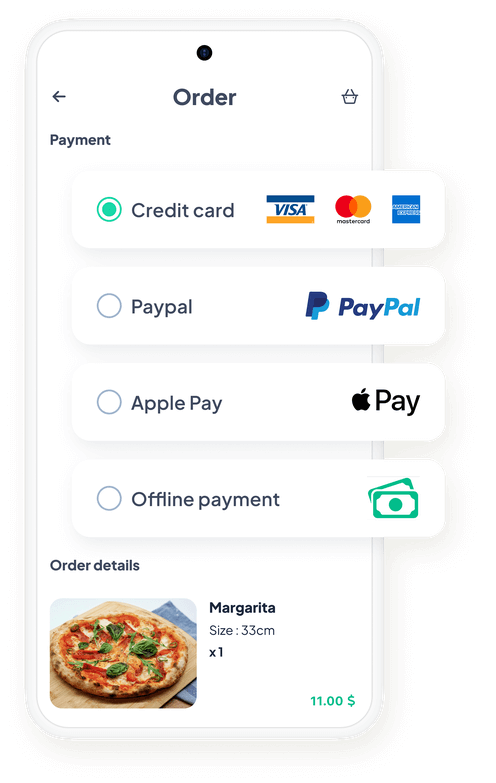 Interface mobile affichant les options de paiement en ligne
