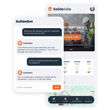 Exemplo de uma conversa entre o RAG Chatbot do aplicativo interno de uma empresa de construção e um funcionário