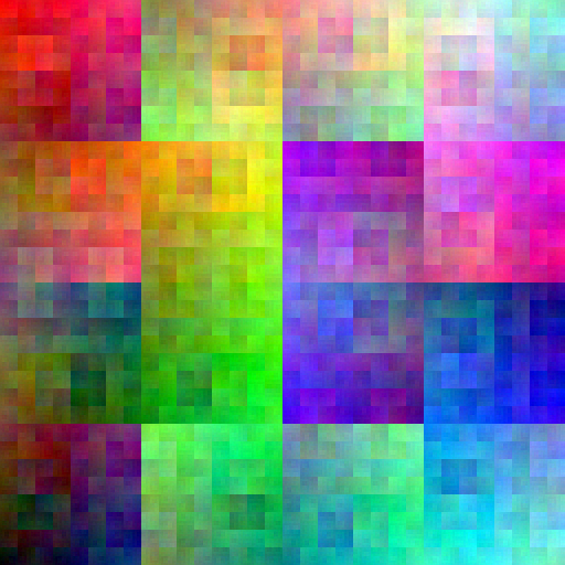 allRGB image created by traversing image in 2D Hilbert curve order, assigning colors from the RGB cube in 3D Hilbert curve order.