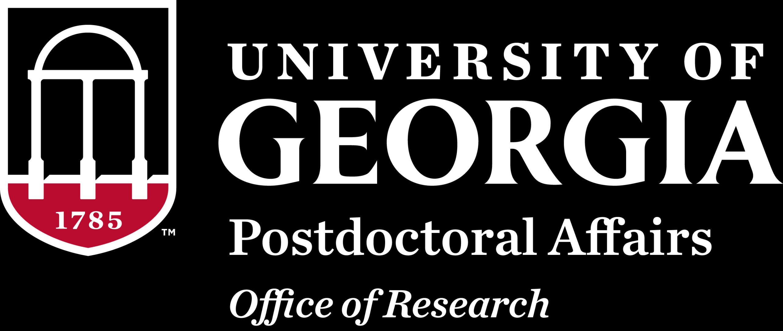 Logo for the University of Georgia Postdoctoral Affairs, Office of Research, featuring the universitys arch symbol and founding year, 1785.