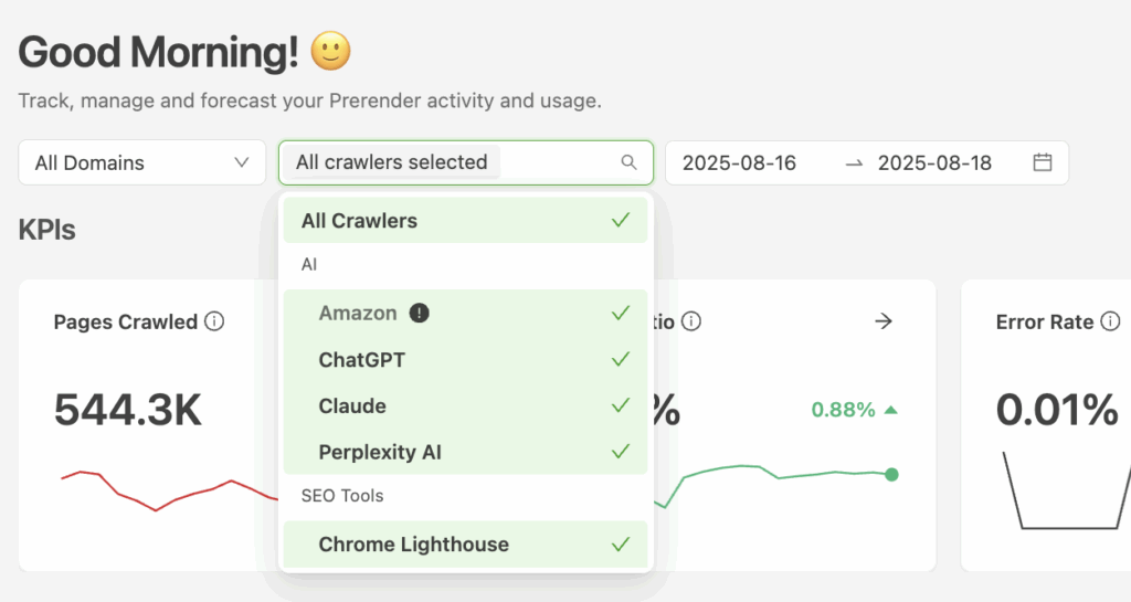 See crawlers that visit your site with Prerender.io's Crawler Type view