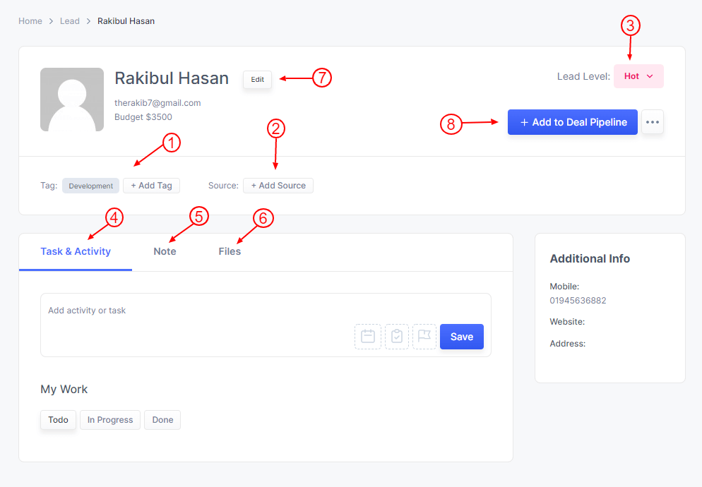 Lead Overview 2 Propovoice CRM Single Lead Profile Details Screen