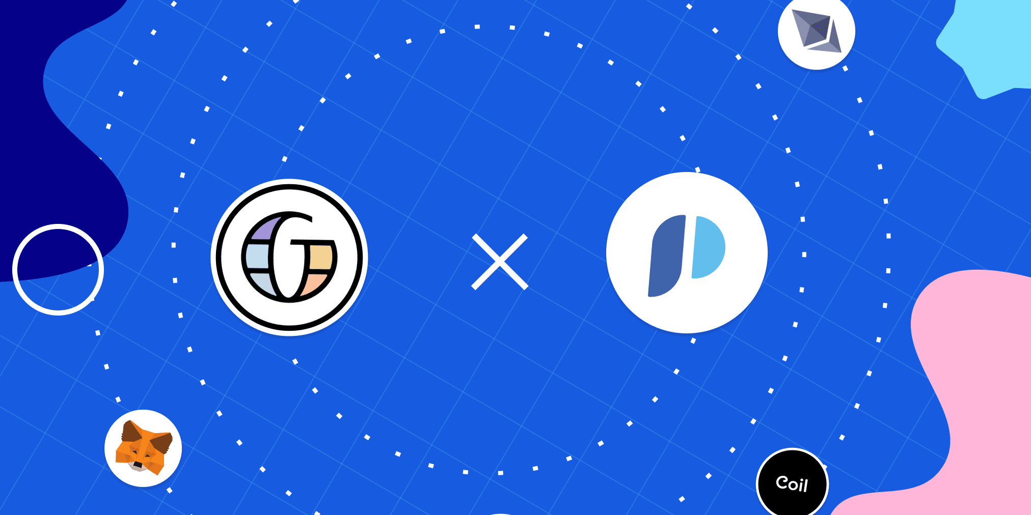 Prototypr + Grant for the web banner - abstract background with logos for Grant for The Web and Prototypr