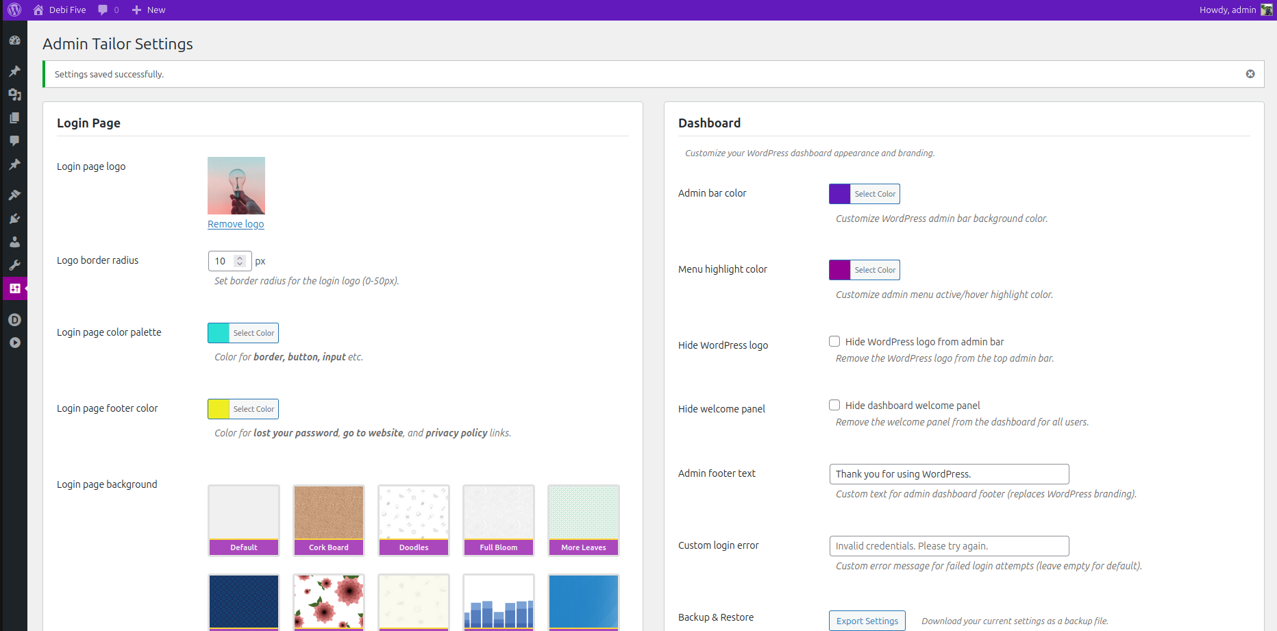 Dashboard with custom branding and admin bar colors
