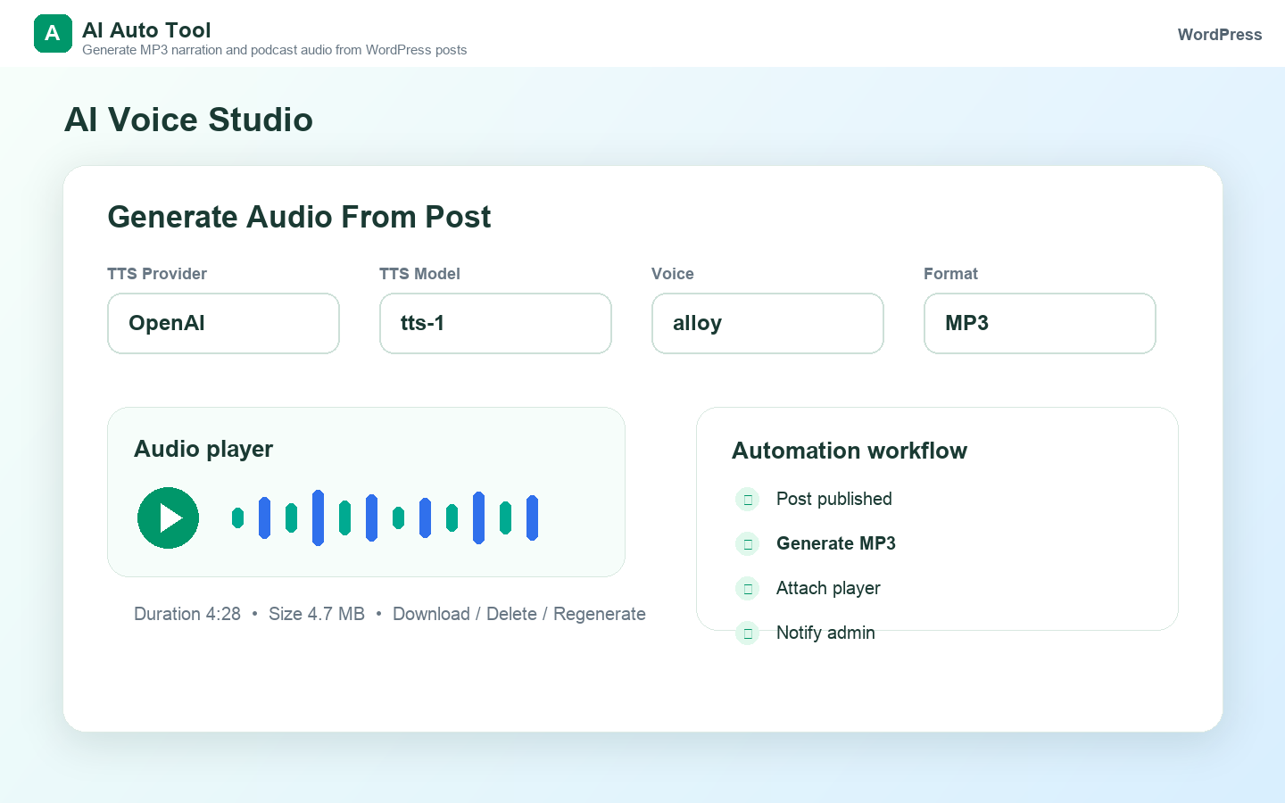 AI Voice Studio for MP3 narration from posts.