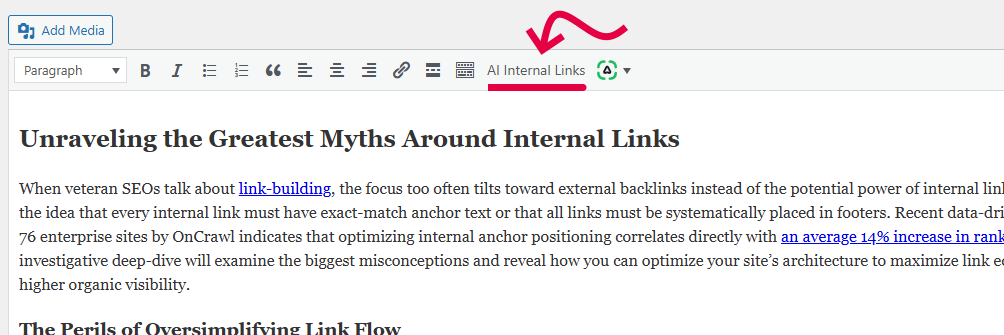 AI Internal Links button in WordPress editor