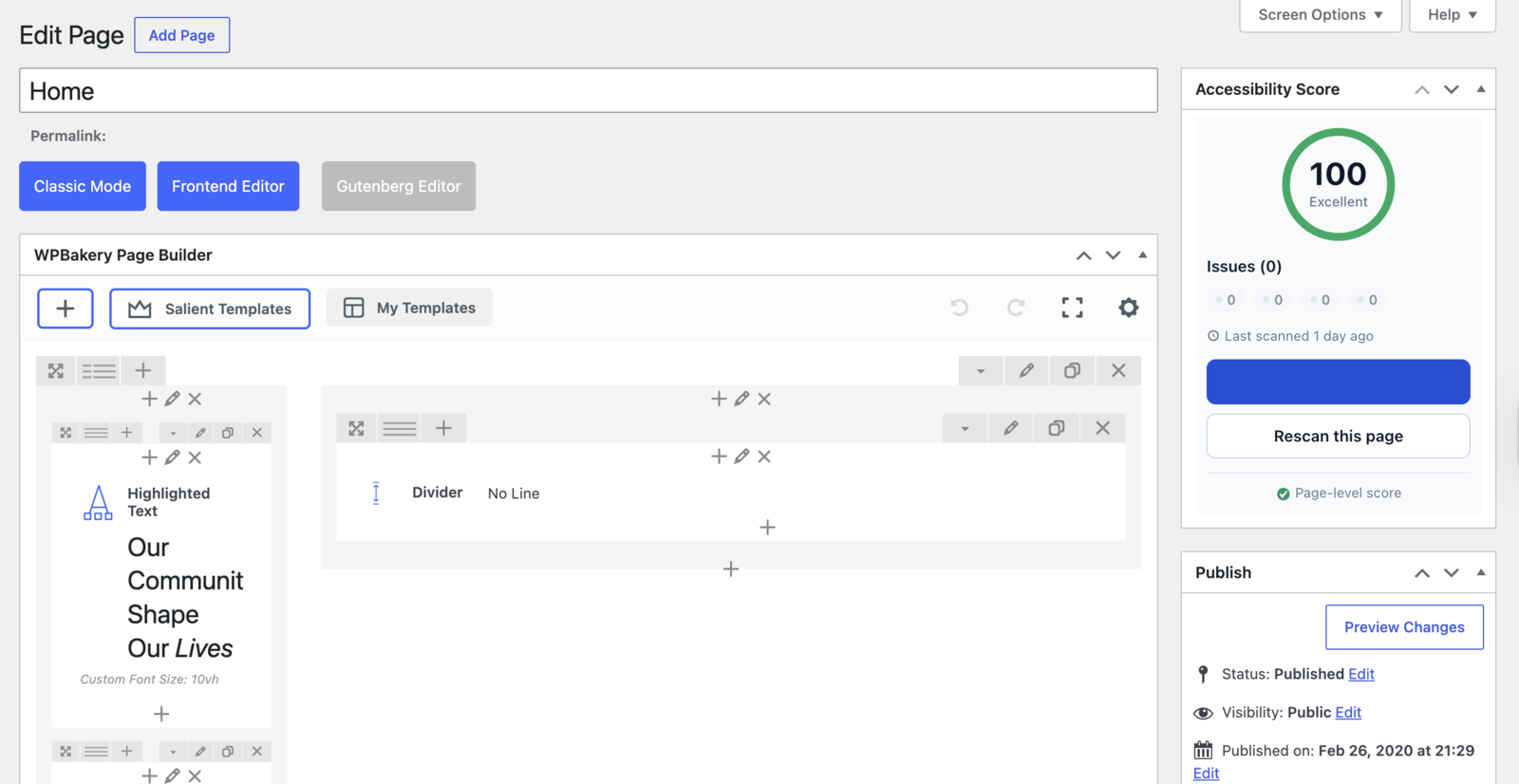 Per-page accessibility score in the post/page editor — see issues and rescan the page while you edit.