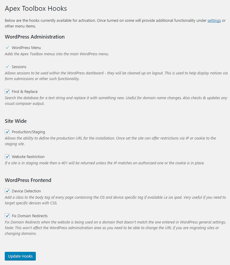 Lists available hooks that can be switched on or off
