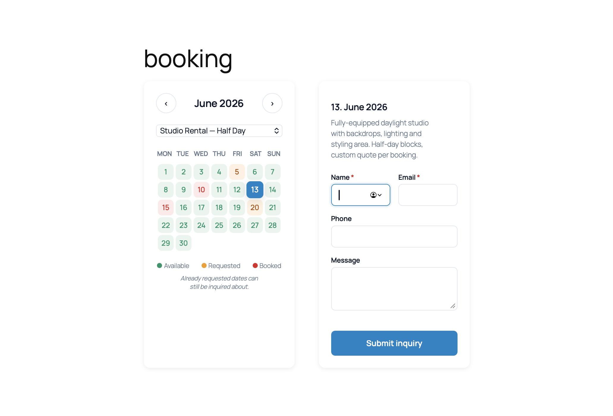 Day-mode booking calendar on the front end. Customers pick a date and submit an inquiry, no fixed prices, no instant booking