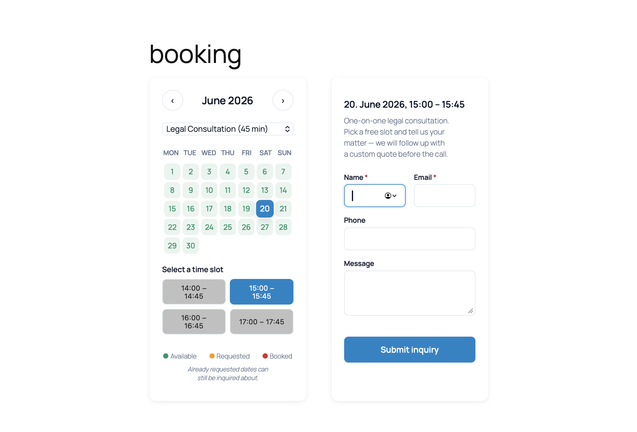 Timeslot mode (new in 2.1.0). Customers pick a specific time within your daily availability window