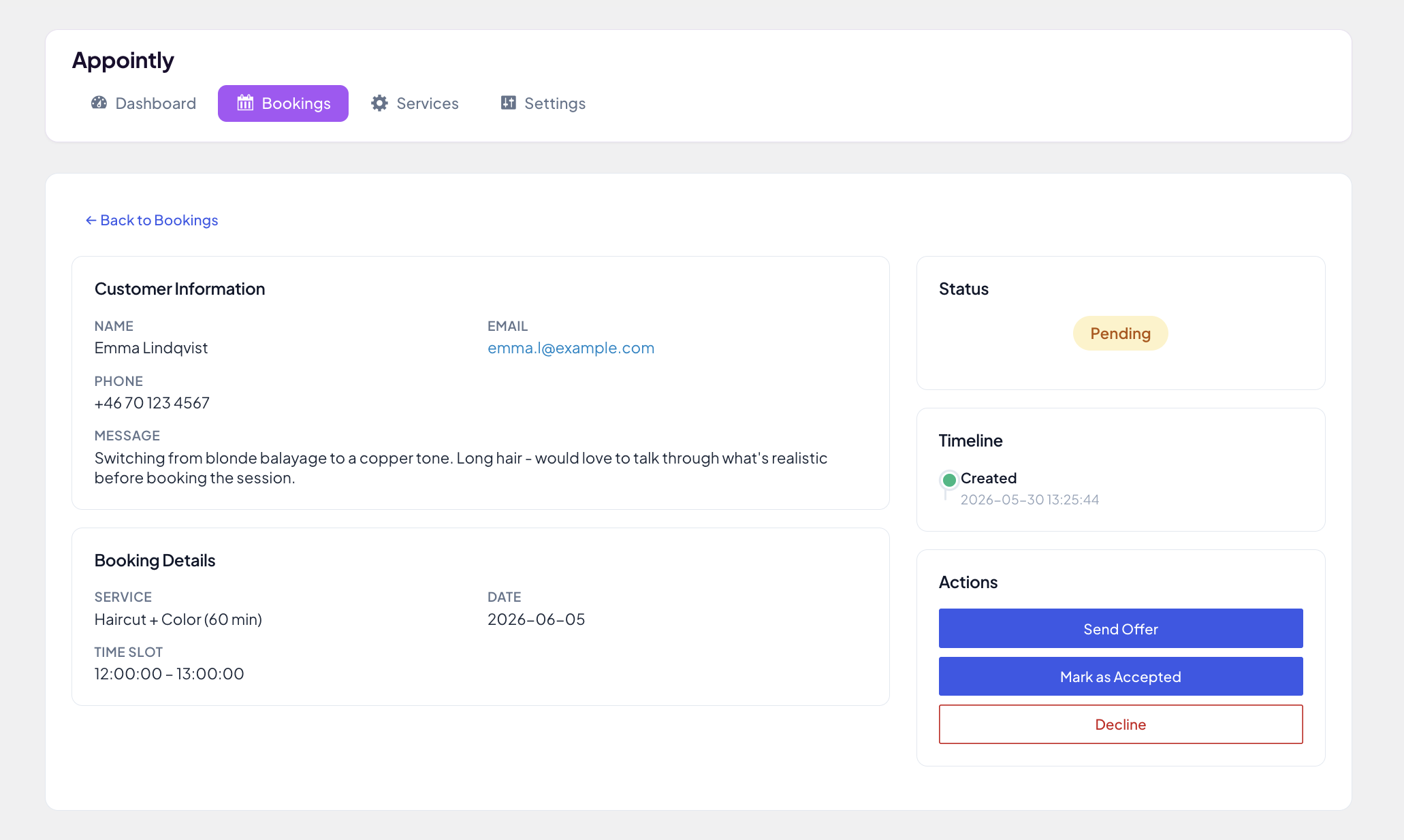 Booking detail view. Customer info, message, status, timeline, and Send Offer / Mark as Accepted / Decline actions