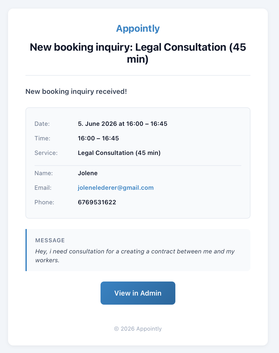 Admin notification email. Every new inquiry pinged to the admin inbox with a one-click View in Admin link