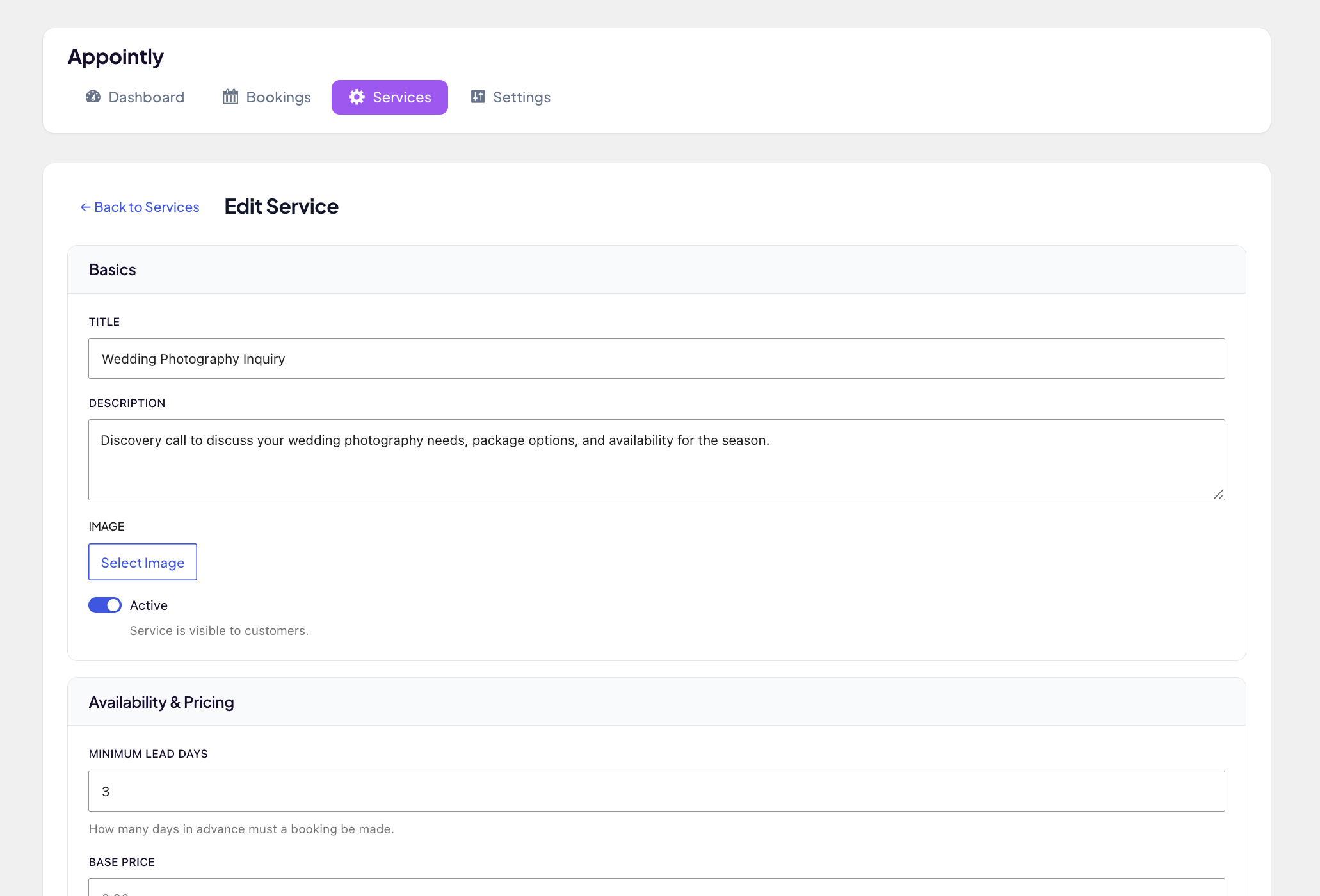 Service editor. Title, description, image, lead time, base price, and the new day-mode / timeslot-mode toggle