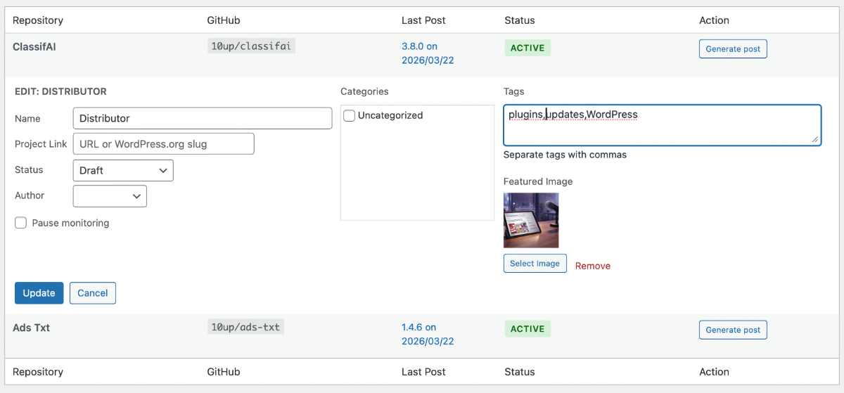 Inline editing — per-repo settings including name, project link, post status, author, categories, tags, and featured image, following the familiar WordPress Quick Edit pattern.