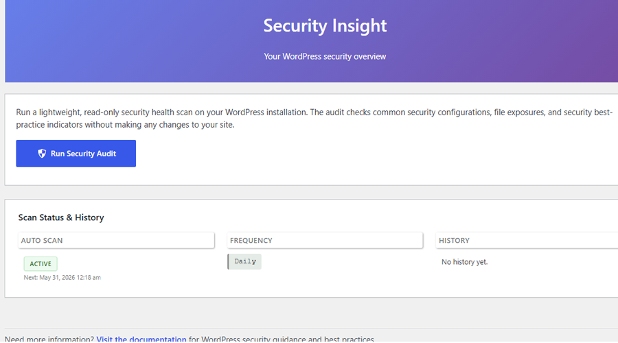 The BBH Security Insight dashboard with the Run Security Audit button and a completed Security Risk Report showing score, risk level, and detailed check results.