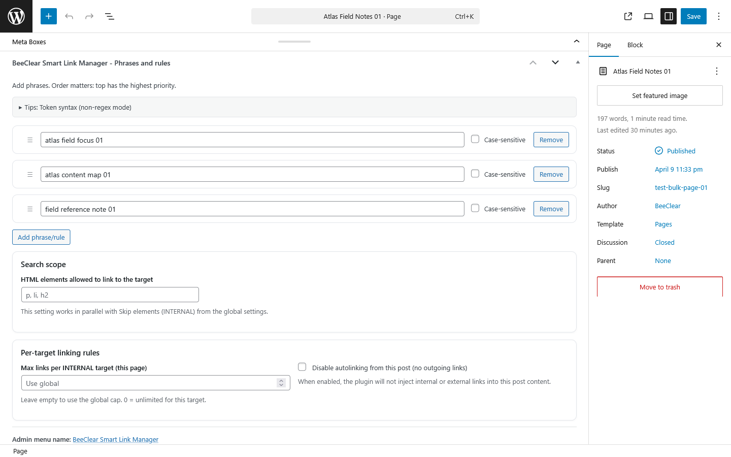 Per-post metabox for post-level phrase handling and local linking control.