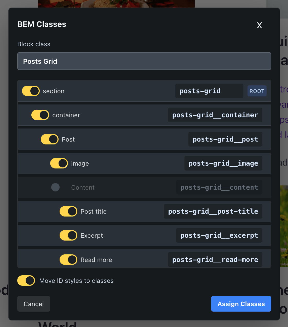 Screenshot showing BEM Classes dialog.