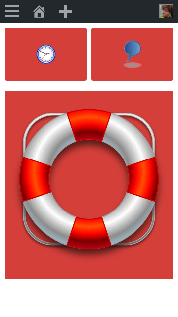 After at least one person accepts your invitation to join one of your response teams (i.e., they have opted-in to being one of your emergency contacts), you can access the Buoy emergency alert screen. This screen is accessed from the "New Content" (+) button in the admin toolbar, across the top of the screen. You can bookmark this page and add it to your phone's home screen so you can launch Buoy the same way you would launch any other app you installed from the app store. Pressing the large button nearest the bottom of the screen activates an alert and immediately sends notifications to your default response team.