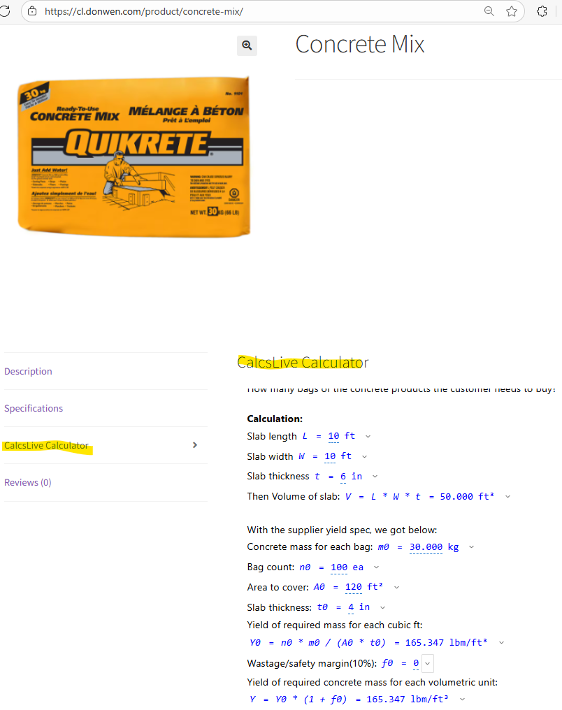 Concrete Mix Calculator on a product page - customers calculate exactly how many bags they need