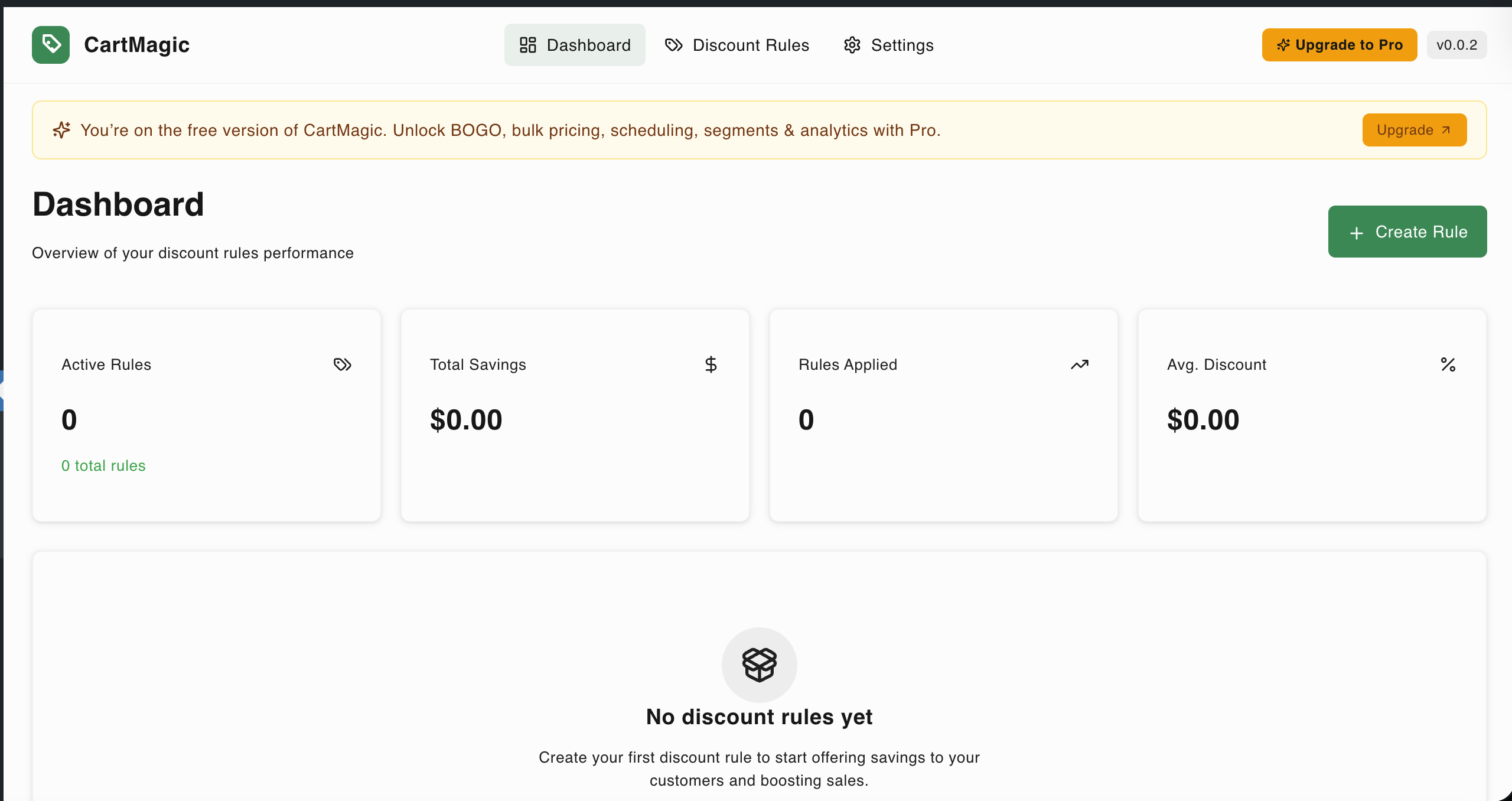 Dashboard — overview of active discount rules and usage at a glance.