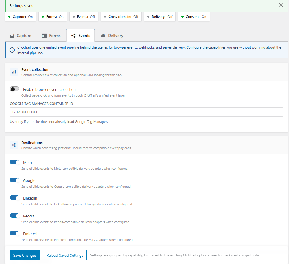 Diagnostics and delivery health for verifying event intake and transport behavior.