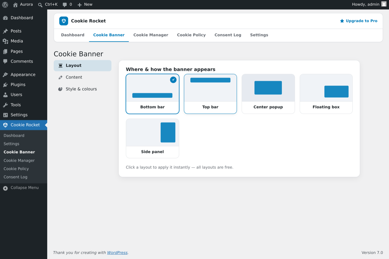 The Cookie Banner editor — choose a layout and match your brand, no code required.
